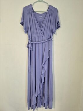 Lavender Maternity Wrap Maxi Dress with Ruffle Trim and Tie Waist